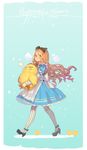  2017 :o alice_(wonderland) alice_in_wonderland alphonse_(white_datura) animal ankle_ribbon apron aqua_background bird black_bow black_footwear black_neckwear blonde_hair blue_dress blue_eyes blush border bow bowtie carrying chick chicken chinese_zodiac dress english eyelashes fat floating_hair from_side full_body fume hair_bow hairband happy_new_year light_brown_hair long_hair long_sleeves looking_at_viewer md5_mismatch new_year original pantyhose puffy_short_sleeves puffy_sleeves ribbon shoes short_dress short_over_long_sleeves short_sleeves signature snowing striped striped_legwear vertical-striped_legwear vertical_stripes walking wavy_hair white_apron white_border white_legwear year_of_the_rooster 