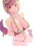  bikini blonde_hair bob_cut breasts brown_gloves cleavage collarbone earrings gloves goggles goggles_on_head goshiki_suzu hand_up highres jewelry large_breasts looking_at_viewer micro_bikini navel original red_eyes shadow short_hair simple_background sketch smile solo swimsuit white_background yellow_bikini 