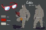 2015 3_toes abs anthro barefoot biceps biped black_eyes book bulge clothed clothing color_swatch digital_media_(artwork) eddie_(evane) english_text eyewear glasses grey_background grey_horn grey_skin grey_tail grey_theme holding_book holding_object horn jockstrap looking_at_viewer looking_back male mammal model_sheet multiple_poses muscular muscular_male on_one_leg orange_bottomwear orange_clothing orange_underwear pecs plantigrade pose quads rhinoceros signature simple_background smile snout solo standing t-bone-0 tail_tuft text toes topless tuft underwear 