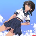  black_hair blue_background blue_eyes cloud dated day dd_(ijigendd) from_below fubuki_(kantai_collection) hair_blowing hair_tie hand_on_hip kantai_collection looking_to_the_side panties pantyshot sailor_collar_lift school_uniform serafuku short_ponytail skirt sky solo tan underwear wind 