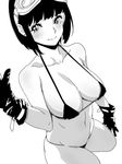  bikini bob_cut breasts cleavage collarbone commentary earrings gloves goggles goggles_on_head goshiki_suzu greyscale hand_up highres jewelry large_breasts looking_at_viewer micro_bikini monochrome navel original short_hair smile solo swimsuit 