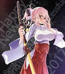  2017 adjusting_eyewear bangs bird black-framed_eyewear blue_eyes breasts chick covered_nipples cowboy_shot glasses hair_ribbon hakama happy_new_year highres holding holding_sword holding_weapon japanese_clothes katana large_breasts looking_at_viewer making_of miko new_year original pink_hair pleated_skirt ponytail red_skirt ribbon sakuya_tsuitachi sheath sheathed sidelocks skirt smile solo sword weapon white_ribbon wide_sleeves 