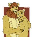  2015 5_fingers agentmoose anthro biped blue_eyes brown_fur brown_mane brown_nipples brown_nose cougar countershade_face countershade_torso countershading digital_media_(artwork) duo embrace eyebrows feline fur green_eyes head_tuft hug humanoid_hands inner_ear_fluff lion looking_at_viewer male male/male mammal mane mark_(evane) multicolored_fur nipples nude pink_nose romantic_couple signature simon_(evane) simple_background tan_countershading tan_fur two_tone_fur whiskers 