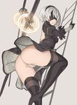  1girl android ass bent_over black_dress blindfold boots dress from_behind gloves high_heels ladder looking_at_viewer magic nier_(series) nier_automata open_mouth panties short_hair stockings sword tagme thong weapon white_hair yorha_unit_no._2_type_b 