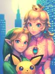  1girl bellhenge blonde_hair gen_2_pokemon hat highres link mario_(series) pichu pointy_ears pokemon pokemon_(creature) pokemon_(game) princess_peach smile super_mario_bros. super_smash_bros. the_legend_of_zelda the_legend_of_zelda:_ocarina_of_time young_link 