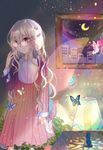  blonde_hair bug bush butterfly city colorful commentary crescent_moon curly_hair dark dress flower frown glasses hand_up indoors insect kazu_(muchuukai) lamp light light_particles long_hair moon original painting_(object) petals purple_eyes scenery solo surreal translated 