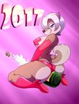  2017 alcohol anthro beverage big_breasts big_butt blue_eyes breasts butt canine champagne fur hair half-closed_eyes holidays lonbluewolf looking_at_viewer looking_back mammal new_year white_hair yellow_sclera 
