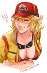  ;) baseball_cap bikini_top blonde_hair breasts cidney_aurum cleavage cropped_jacket final_fantasy final_fantasy_xv goggles goggles_around_neck green_eyes hat highres large_breasts lips marshu navel nose one_eye_closed short_hair signature sketch smile solo unzipped watermark web_address 