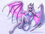  2016 breasts canine caribou_(artist) claws demon ear_piercing female hair halfway_hotel horn hyena jewelry long_hair mammal nightgown paws piercing simple_background snow solo succubus tattoo translucent tsoro white_background white_hair wings 