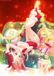  artist_name bismarck_(kantai_collection) blonde_hair blue_eyes bow breasts candy candy_cane carnelian christmas cleavage commentary_request cookie couch dress food gift gloves hat kantai_collection large_breasts legs looking_at_viewer pillow santa_costume santa_gloves santa_hat solo tattoo 