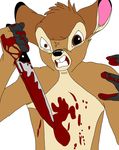  anthro anthrofied bambi bambi_(film) blood blood_on_chest blood_on_hand bloodlust brown_fur cervine clenched_teeth clothed clothing deer digital_media_(artwork) disney fur gore killing knife looking_at_viewer male mammal simple_background solo standing teeth topless vanderhirsche wide_eyed 