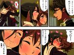  1boy 2girls black_hair blush brown_hair closed_eyes comic commentary glasses heart hibike!_euphonium karuta_(karuta01) kiss multiple_girls open_mouth oumae_kumiko saliva saliva_trail smile taki_noboru tanaka_asuka tears translated yuri 