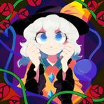  absurdres al_bhed_eyes bow clenched_hands commentary eyeball flower furukawa_(yomawari) hair_between_eyes hat hat_bow highres komeiji_koishi looking_at_viewer one_eye_closed plant rose smile solo third_eye touhou translation_request upper_body vines white_hair wide_sleeves yellow_bow 