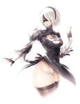  black_dress black_gloves blindfold breasts brown_legwear cleavage dress gloves highleg hometa large_breasts leotard light_smile lips mole mole_under_mouth nier_(series) nier_automata short_hair simple_background skindentation solo thick_thighs thighhighs thighs white_background white_gloves white_hair white_leotard yorha_no._2_type_b 