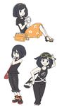  bag bangs black_hair black_pants black_shirt cosplay covering_eyes eyewear_on_head floral_print food food_on_face gladio_(pokemon) gladio_(pokemon)_(cosplay) hairband ichi_(yyy1mmm6) long_skirt malasada mizuki_(pokemon) orange_skirt pants pokemon pokemon_(game) pokemon_sm pose shirt shoes short_hair simple_background sitting skirt slippers standing sunglasses swept_bangs team_skull_uniform white_background z-ring 