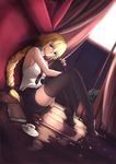  aikawa_juujutsu_machi bare_shoulders blonde_hair book braid cup curtains dutch_angle fate/apocrypha fate_(series) highres indoors jeanne_d'arc_(fate) jeanne_d'arc_(fate)_(all) leg_hug long_hair looking_at_viewer necktie plant potted_plant shorts single_braid sitting solo thighhighs tiptoes tray 