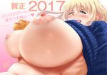  2017 atago_(kantai_collection) blonde_hair blue_eyes blush breasts clothes_lift dated happy_new_year highres huge_breasts k.ty_(amejin) kantai_collection looking_at_viewer new_year nipples no_bra nose_blush one_eye_closed open_mouth oppai_mochi puffy_nipples signature smile solo sweater sweater_lift veiny_breasts 