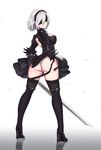  ass belt black_dress blindfold bow covered_nipples dress from_behind full_body gg-e hair_bow high_heels highres looking_back nier_(series) nier_automata panties reflection short_hair silver_hair solo sword thighhighs underwear weapon white_background wind yorha_no._2_type_b 