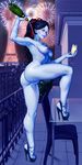  1girl alcohol ass blue_eyes breasts champagne champagne_bottle eiffel_tower hair_ribbon high_heels highres kyle_(kairunoburogu) leg_up legs long_hair looking_at_viewer new_year nipples nude overwatch ponytail pussy ribbon smile solo standing tattoo thighs widowmaker_(overwatch) yellow_eyes 