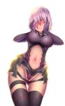  ass_visible_through_thighs black_legwear blush breasts closed_mouth covered_nipples cowboy_shot elbow_gloves eyelashes eyes_visible_through_hair fate/grand_order fate_(series) faulds gloves groin hair_over_one_eye hands_on_own_cheeks hands_on_own_face heart heart-shaped_pupils highres looking_at_viewer mash_kyrielight medium_breasts navel navel_cutout navel_piercing nikuku_(kazedesune) partially_visible_vulva piercing purple_eyes purple_gloves purple_hair revision shiny shiny_clothes short_hair simple_background smile solo stomach stomach_tattoo symbol-shaped_pupils tattoo thigh_gap thigh_strap thighhighs white_background 