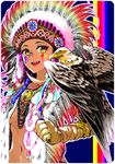  2017 :d animal bird black_hair blue_background breasts brown_gloves dark_skin eagle facepaint feathers fur_trim gloves hand_up headdress jewelry kashi-k looking_at_viewer native_american native_american_headdress navel necklace nengajou new_year open_mouth original small_breasts smile solo talons underboob upper_body yellow_eyes 