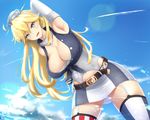  1girl :d armpits belt blonde_hair breasts cleavage cloud collar condom_wrapper corset day elbow_gloves garter_straps gloves hat iowa_(kantai_collection) kantai_collection large_breasts long_hair miniskirt mismatched_legwear open_mouth skirt sky smile solo symbol-shaped_pupils thighhighs tokorotn 