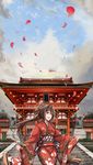  :d architecture brown_hair building cloud cloudy_sky commentary_request cowboy_shot day east_asian_architecture floral_print flower hair_between_eyes hair_flower hair_ornament happy_new_year highres inari japanese_clothes kantai_collection kimono long_hair looking_at_viewer new_year obi open_mouth outdoors outstretched_arms perspective petals red_kimono sash sekigan shrine sky smile solo stairs statue stone_stairs tree very_long_hair wide_sleeves yamato_(kantai_collection) 