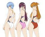  :p adapted_costume ass ayanami_rei bare_arms bare_legs bare_shoulders blue_eyes blue_hair blush brown_hair commentary_request competition_swimsuit cowboy_shot from_behind glasses long_hair looking_at_viewer looking_back makinami_mari_illustrious multiple_girls neon_genesis_evangelion one-piece_swimsuit parted_lips purple-framed_eyewear purple_hair red_eyes short_hair smile souryuu_asuka_langley swimsuit tongue tongue_out watanabe_yasuaki 