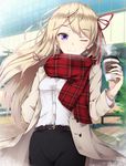  ;) alternate_costume bangs belt black_pants blonde_hair blurry blurry_background blush bracelet breasts brown_coat building coat coffee coffee_cup contemporary cup day disposable_cup dress_shirt earrings eyebrows hair_ribbon hand_in_pocket highres jewelry long_hair looking_at_viewer no_hat no_headwear one_eye_closed outdoors pants purple_eyes purple_pupils red_scarf reflective_eyes ribbon scarf shiny shirt small_breasts smile solo steam sunlight touhou toyosaki_shu tree unmoving_pattern very_long_hair white_shirt wind yakumo_yukari 