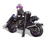  ahoge ass bangs bent_over biker_clothes bikesuit black_bodysuit bodysuit braid from_side full_body ground_vehicle high_heels highres iron_saga looking_at_viewer looking_to_the_side motor_vehicle motorcycle nagase_aya_(iron_saga) official_art purple_hair red_eyes shadow short_hair side_braid skin_tight smile solo swept_bangs white_background zjsstc 