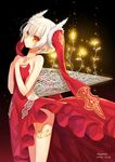  2016 artist_name bare_shoulders blonde_hair body_writing christmas cowboy_shot dated dress flower fur_trim glowing hair_ornament hands_on_own_chest kawaku lace light_particles long_legs looking_to_the_side merry_christmas orange_eyes original plant red_dress short_hair slender solo vines 