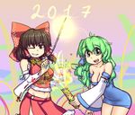  2girls :d adapted_costume bare_shoulders bow breasts brown_eyes brown_hair cleavage detached_sleeves eyebrows_visible_through_hair fireworks fur_trim green_eyes green_hair grin groin hair_bow hair_tubes hakurei_reimu hater_(hatater) kochiya_sanae large_breasts looking_at_viewer midriff multiple_girls new_year one_eye_closed open_mouth ribbon-trimmed_sleeves ribbon_trim scarf senkou_hanabi skirt smile sparkler touhou 