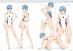  adapted_costume ass ayanami_rei bangs bare_arms bare_legs bare_shoulders barefoot blue_hair closed_mouth commentary_request competition_swimsuit full_body hand_on_hip looking_at_viewer multiple_views neon_genesis_evangelion one-piece_swimsuit partially_visible_vulva red_eyes short_hair smile standing swimsuit watanabe_yasuaki 