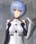  ayanami_rei bangs blue_hair bodysuit breasts commentary_request eyebrows_visible_through_hair hair_between_eyes hand_up head_tilt headgear looking_at_viewer neon_genesis_evangelion number parted_lips pilot_suit plugsuit red_eyes shadow short_hair skin_tight small_breasts solo turtleneck upper_body watanabe_yasuaki white_bodysuit 