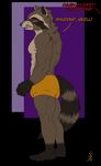 anthro athletic barefoot blush border boxer_briefs buckwulf_(artist) bulge clothed clothing dialogue english_text flat_colors guardians_of_the_galaxy mammal marvel pecs plantigrade raccoon rocket_raccoon signature snarling text tight-clothing topless underwear unseen_character 