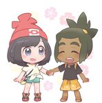  1girl ^_^ bag bangs beanie black_eyes black_hair blush chibi closed_eyes dark_skin floral_background floral_print full_body happy hat hau_(pokemon) holding_hands ichi_(yyy1mmm6) mizuki_(pokemon) open_mouth pokemon pokemon_(game) pokemon_sm ponytail shirt shoes short_hair shorts simple_background slippers standing swept_bangs tied_hair white_background 