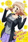  2017 adjusting_hair bird black_jacket brown_hair chick chinese_zodiac collarbone drop_shadow facepaint hair_ornament hairclip hands_up happy_new_year hood hoodie jacket new_year open_clothes open_hoodie plaid plaid_skirt pouty_lips print_shirt senki_zesshou_symphogear shadow shirt short_hair skirt solo sound_effects speech_bubble striped tachibana_hibiki_(symphogear) twitter_username unyon year_of_the_rooster yellow_eyes 