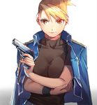  &gt;:) amestris_military_uniform bad_id bad_pixiv_id bangs black_wristband blonde_hair blue_jacket breasts brown_shirt cleavage closed_mouth finger_on_trigger fingernails folded_ponytail fullmetal_alchemist gradient gradient_background gun hand_on_own_arm hand_on_own_elbow handgun holding holding_arm holding_gun holding_weapon holy_pumpkin impossible_clothes impossible_shirt jacket jacket_on_shoulders lips looking_at_viewer medium_breasts military military_uniform orange_eyes pinky_out riza_hawkeye shirt short_sleeves skin_tight smile solo twitter_username uniform upper_body v-shaped_eyebrows weapon white_background wristband 