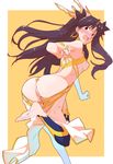  ass back bare_shoulders barefoot bent_over black_hair blush breasts covered_nipples crown earrings embarrassed fate/grand_order fate_(series) highres ishtar_(fate/grand_order) jewelry kurokuro long_hair long_legs looking_at_viewer looking_back open_mouth red_eyes revealing_clothes small_breasts solo tears 
