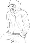  black_and_white black_nose canine cigerete clothed clothing fur hatake hoodie male mammal monochrome pants sketch snout solo 
