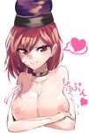  asuzemu breasts collar collarbone heart hecatia_lapislazuli large_breasts long_hair looking_at_viewer nipples nude red_eyes red_hair simple_background sketch smile solo touhou upper_body white_background 