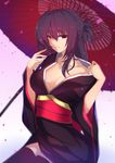  bangs bare_shoulders black_legwear breasts eyebrows_visible_through_hair fate/grand_order fate_(series) holding holding_umbrella japanese_clothes kimono large_breasts long_hair looking_at_viewer naughty_face no_bra obi off_shoulder oriental_umbrella petals purple_eyes purple_hair red_eyes saisarisu sash scathach_(fate)_(all) scathach_(fate/grand_order) simple_background smile solo umbrella 