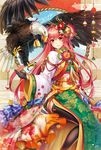  animal bell bird charm_(object) eagle flower hair_flower hair_ornament highres jingle_bell landing long_hair milcho obi orange_eyes orange_hair original sash side_slit sitting thighhighs traditional_clothes 