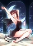  ;o arched_back arm_behind_head arm_up armpits bare_legs barefoot bat_wings book book_on_lap breasts brown_hair catbell413 chemise cleavage demon_girl demon_tail falling_star fang feathers feet full_body glowing glowing_feather lingerie long_hair night night_sky nightgown on_bed one_eye_closed original pillow plantar_flexion pointy_ears red_eyes sitting sky sleepy slit_pupils small_breasts solo star_(sky) stretch tail tears underwear whip wings yawning 