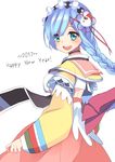  2017 alternate_costume alternate_hair_length alternate_hairstyle blue_eyes blue_hair braid breasts dress hair_ornament hair_over_one_eye hair_ribbon happy_new_year headdress large_breasts long_hair looking_at_viewer new_year open_mouth re:zero_kara_hajimeru_isekai_seikatsu rem_(re:zero) ribbon simple_background single_braid slumcat solo standing tied_hair underboob white_background x_hair_ornament 