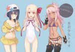  3girls backwards_hat baseball_cap bb_(fate)_(all) bb_(fate/extra_ccc) bb_(swimsuit_mooncancer)_(fate) bb_(swimsuit_mooncancer)_(fate)_(cosplay) belt bikini black_gloves black_hair black_legwear blonde_hair blue_background braid breasts chloe_von_einzbern cosplay cowboy_shot dan_(kumadan) dark_skin double_v fate/grand_order fate/kaleid_liner_prisma_illya fate_(series) flat_chest gloves gluteal_fold hair_over_shoulder hair_ribbon hairband hat highleg highleg_bikini highleg_leotard highleg_swimsuit illyasviel_von_einzbern leotard long_hair looking_at_viewer miyu_edelfelt multiple_girls orange_eyes pink_hair polka_dot polka_dot_background purple_bikini red_eyes ribbon shirt sideways_hat single_braid skirt small_breasts stomach_tattoo swimsuit tattoo thighhighs translation_request v white_belt white_bikini white_gloves white_leotard yellow_eyes yellow_shirt yellow_skirt 