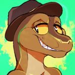  2017 anthro dante_bay green_scales hat icon lizard looking_at_viewer oranda reptile scales scalie smile solo yellow_eyes 