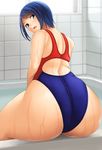  aqua_eyes ass blue_hair commentary_request competition_swimsuit gyouza_teishoku highres looking_at_viewer looking_back one-piece_swimsuit original parted_lips short_hair solo swimsuit thick_thighs thighs wet 