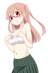  1girl agenasu blush bra brown_eyes commentary embarrassed glasses light_brown_hair long_hair looking_at_viewer navel no_shirt pleated_skirt red-framed_eyewear shiraishi_(tanakeda) skirt solo tanaka-kun_wa_itsumo_kedaruge two_side_up underwear white_background white_bra 