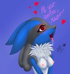  2017 anthro blue_fur breasts canine digital_media_(artwork) female fur hi_res hypnosis lewdcario lucario mammal mind_control nintendo nipples pet pok&eacute;mon pseudo_clothing simple_background solo submissive video_games 